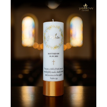 Personalised Baptism Candle- Gold foiled, Gold/ Yellow theme