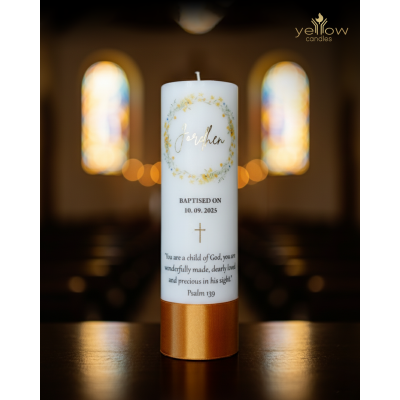 Personalised Baptism Candle- Gold foiled, Gold/ Yellow theme