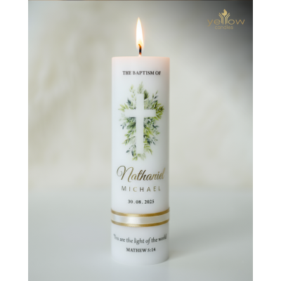 Baptism Candle- Gold Foiled with Green Floral Cross